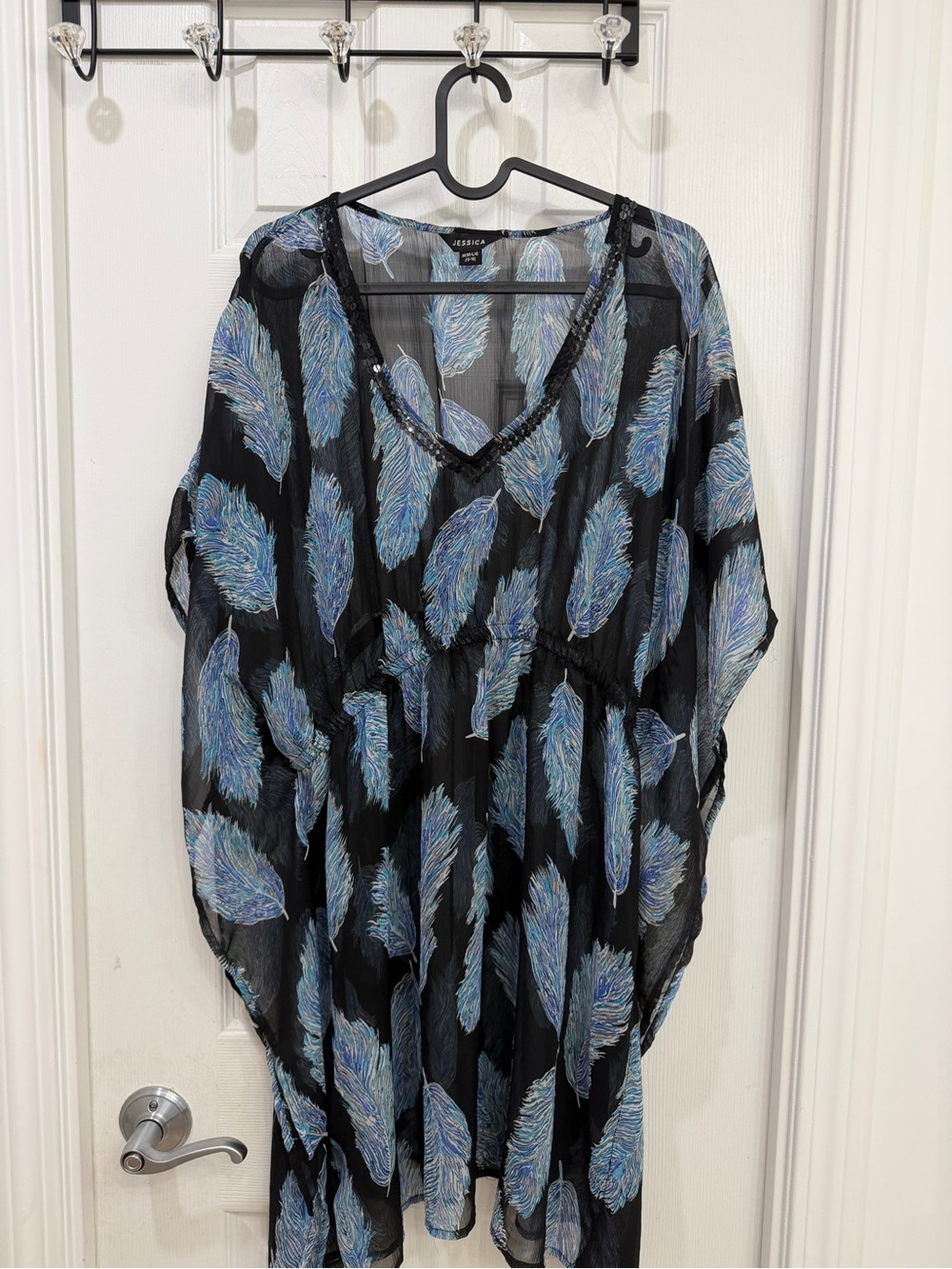 Jessica Black Sheer Cover up with Blue Feather Motif - Picture 2 of 5